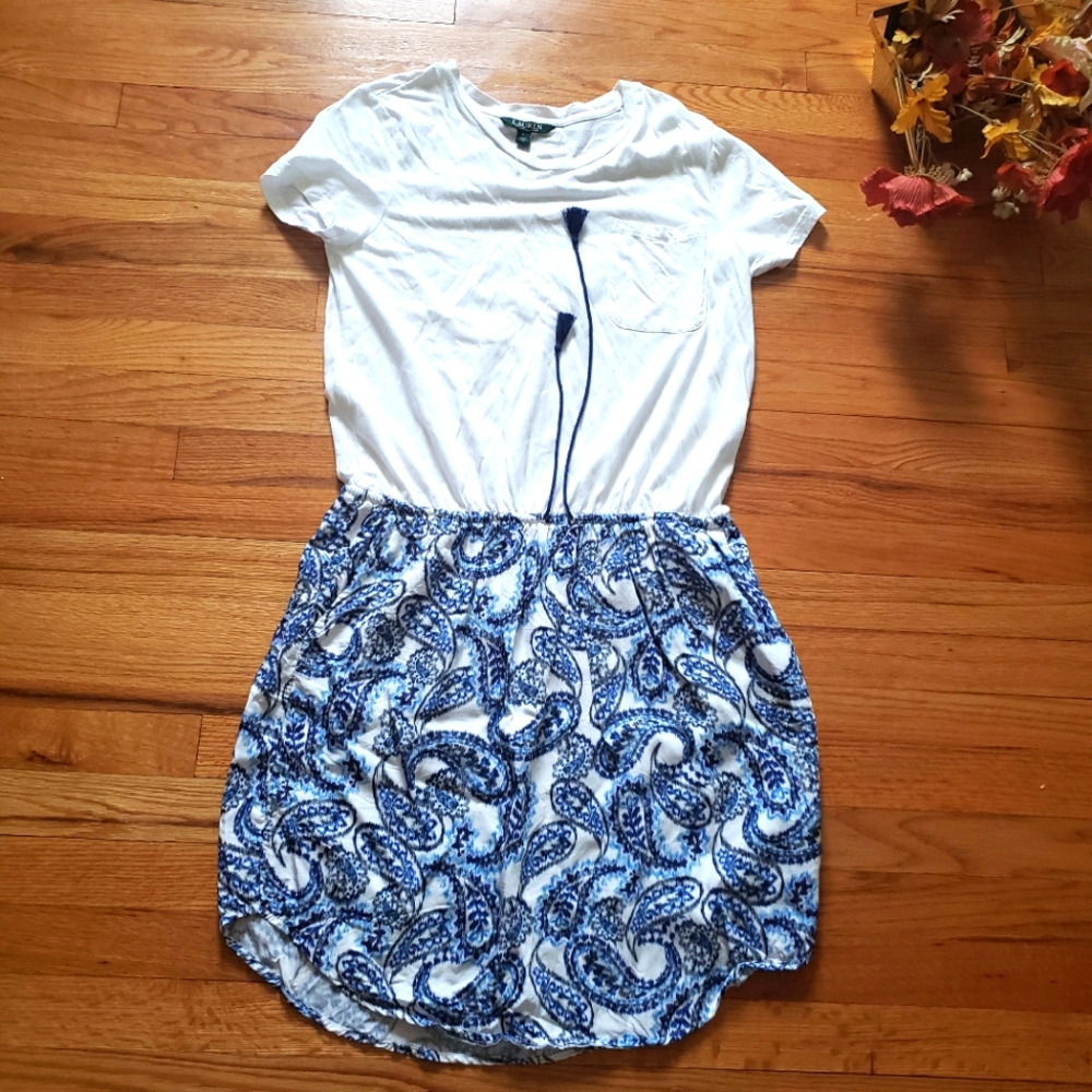 Lauren Ralph Lauren Shirt Dress Size Large White Blue Paisly Pockets Lightweight